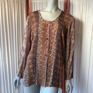 TOTOnKO Vintage Top Blouse Brown Long Sleeve Button Down Back Slit Size Medium
